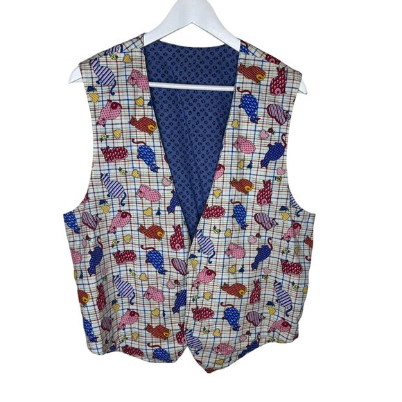 Vintage Handmade Cat Print Open-Front Vest, Contrasting Fabric, Size Large - Picture 1 of 4